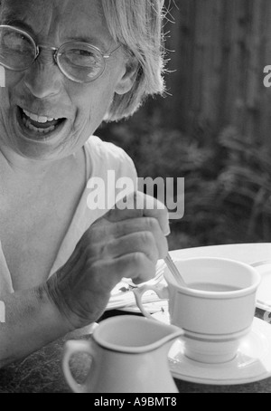 Ältere Frau lachen, reden und trinken Tee in ihrem Garten Stockfoto