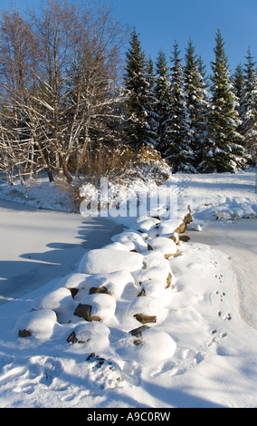 Verschneite Trittsteine über einen zugefrorenen Gartenteich, Finnland Stockfoto