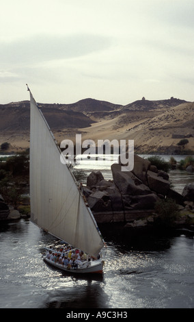 Die Feluke mit Touristen auf dem Nil. Ägyptischen Segelboot vor der Wüste Sahara. Assuan. Ägypten. Nordafrika. Stockfoto