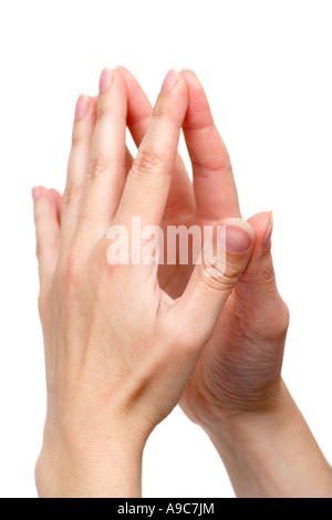 Hände mit Fingerspitzen zusammen Stockfoto