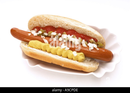 Hot Dog mit Senf und ketchup Stockfoto