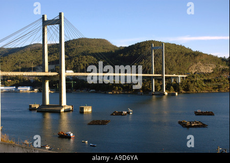 Blick auf die moderne Hängebrücke Europas der Ria de Vigo Chapela Galizien Spanien iberischen Halbinsel Iberia España Stockfoto