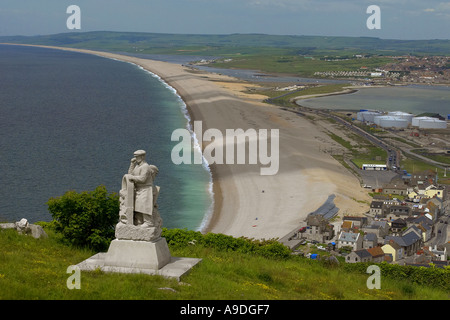 Spirit of Portland Statue mit Blick auf Chesil Beach Dorset UK Stockfoto