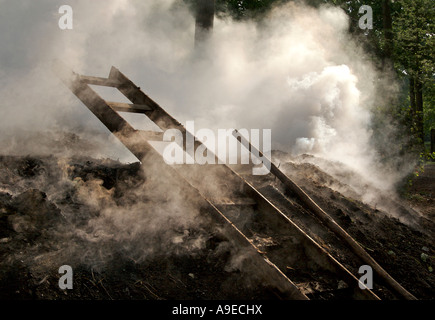 Ein mit Humusboden bedeckter Holzhaufen produziert Holzkohle. Dies geschah traditionell in den Wäldern Deutschlands. Die Leiter eines Kohlebrenners lehnt sich an den Stapel, in dem die Kohle hergestellt wird Stockfoto