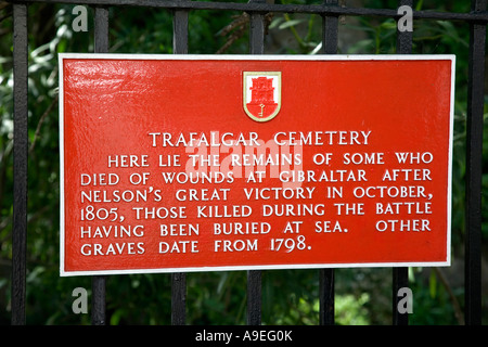 Das Eingangsschild zum Trafalgar Friedhof in Gibraltar Stockfoto