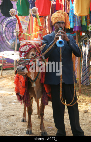 Lokalen indischen Mann mit einer dekorierten Kuh auf dem Flohmarkt in Anjuna, Süd-Goa, Indien Stockfoto