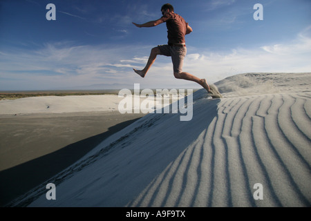 Touristischen Sprung von einer großen halbmondförmigen Sanddüne auf einer geführten Tour von Farewell Spit, Golden Bay, Südinsel, Neuseeland Stockfoto