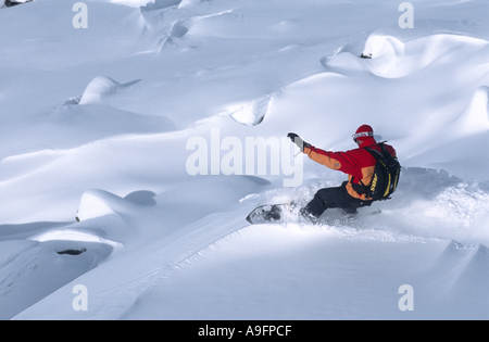 Snowboarder im Tiefschnee. Stockfoto