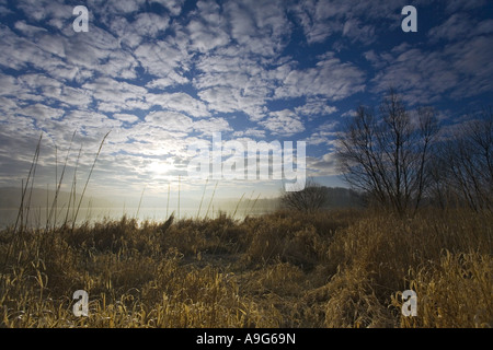 Sonnenuntergang im Nebel, Jocketa, Vogtlaendische Schweiz, Sachsen, Deutschland Stockfoto