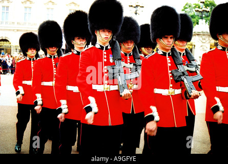 Königliche Garde, marschieren in Front des Buckingham Palace, Wechsel der Wachen Militaer, Parade, Waffen, Gewehr, Reihenfolge, Stockfoto