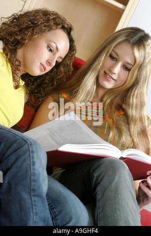 blond und brünett Frau liest ein Buch zusammen. Stockfoto