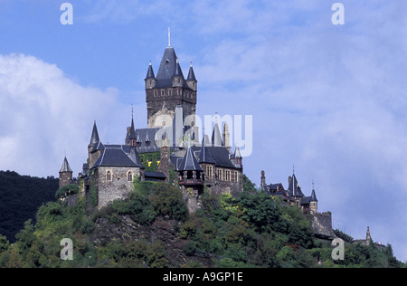 Blick auf Burg Cochem, Rheinland-Pfalz, Deutschland, Reichsburg Cochem, im 11. Jahrhundert erbaut. Stockfoto