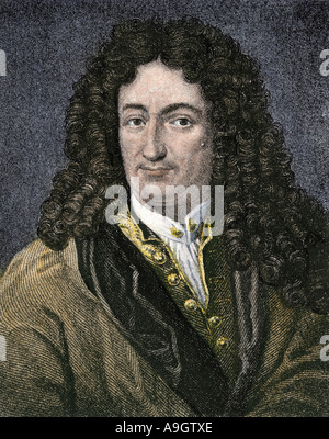 Gottfried Wilhelm Leibniz deutscher Mathematiker und Philosoph. Hand - farbige Holzschnitt Stockfoto