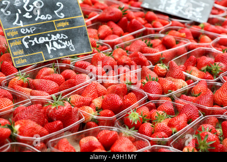 Erdbeeren zum Verkauf in Straßenmarkt in Fench Stadt Pau Béarn 2007 Stockfoto