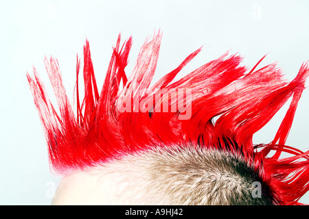 Seitenansicht des Punk-Rocker mit roten Irokesenschnitt Stockfoto