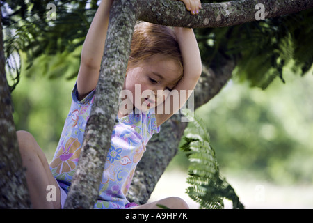 SOUTH CAROLINA YORK schönes junges Mädchen mit Zöpfen blickt auf den Boden, wie sie beim Sitzen auf einem Baum Mimosa träumt Stockfoto