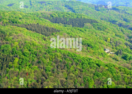 Panorama des Siebengebirges sieben Hügel Region von Drachenfels Crag Ruinen in der Nähe von Königswinter Nord Rhein Westfalen Deutsch Stockfoto