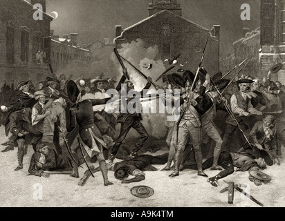 Das Massaker von Boston, auch bekannt als der Vorfall in der King Street, 5. März 1770, als britische Soldaten mehrere Zivilisten erschossen. Stockfoto