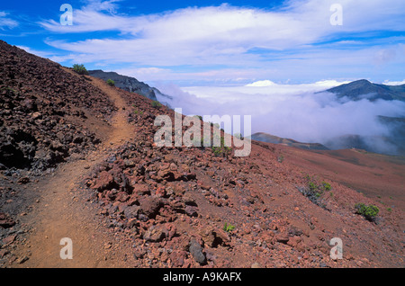 Trail durch Lavafeld über einem Meer der Wolken im Haleakala Krater Haleakala National Park Insel Maui Hawaii Stockfoto