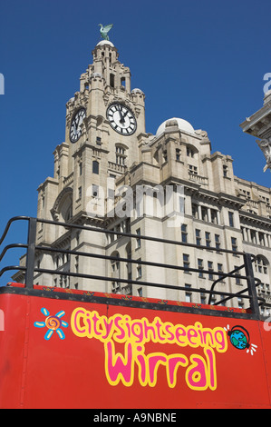 Wirral rote Stadt Tour-Bus in die Leber, die Gebäude in der Nähe von Albert dock, Liverpool Merseyside England UK GB EU Europa Stockfoto