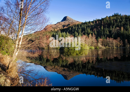 Die malerische Glencoe Lochan befindet sich in einem Wald oberhalb von Glencoe Village, Lochaber, Schottland. Stockfoto