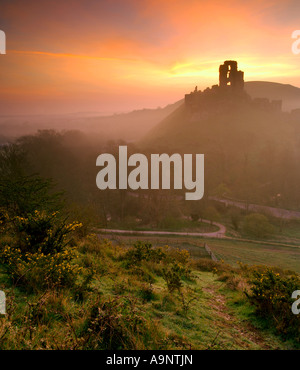 Verfallenen Burg am Corfe Castle in der Nähe von Swanage Dorset mit orange Leuchten vor Morgengrauen in den Himmel und wirbelnden Nebel im Tal Stockfoto