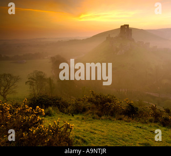 Verfallenen Burg am Corfe Castle in der Nähe von Swanage Dorset mit orange Leuchten vor Morgengrauen in den Himmel und wirbelnden Nebel im Tal Stockfoto