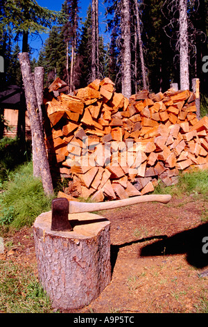 Axt für Chopping und Splitting Holz eingebettet in einem Protokoll neben einem Holzstapel von gestapelt Spaltebrennholz bereit für den Winter Stockfoto