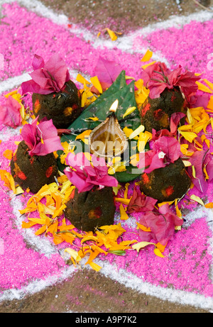 Indische rangoli Design mit Blumen und Kuhmist Angebote auf einer indischen Straße während des Festivals von sankranthi/Pongal. Andhra Pradesh, Indien Stockfoto