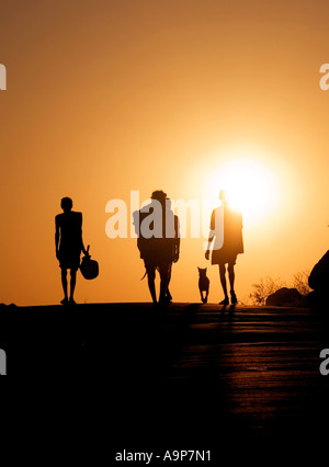 Silhouette des ländlichen indische Bauern auf dem Heimweg bei Sonnenuntergang. Andhra Pradesh, Indien Stockfoto