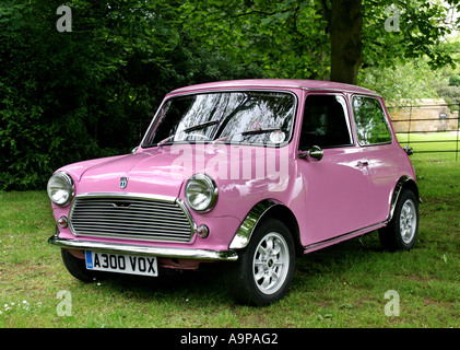 1983-rosa Austin Mini Mayfair-Auto in der englischen Landschaft Stockfoto