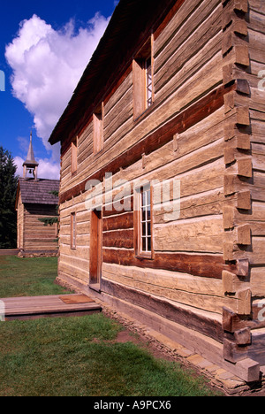 Dunvegan Provincial Parks und historische Stätte, Alberta, Kanada - historische St. Charles Pfarrhaus und Missionskirche, Hudson Bay Post Stockfoto