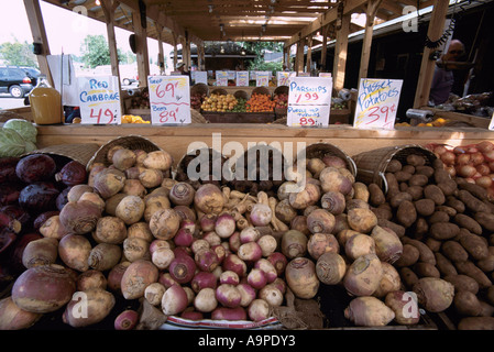 Ein Bauernmarkt mit Frischgemüse zu verkaufen in Duncan auf Vancouver Island in British Columbia Kanada Stockfoto