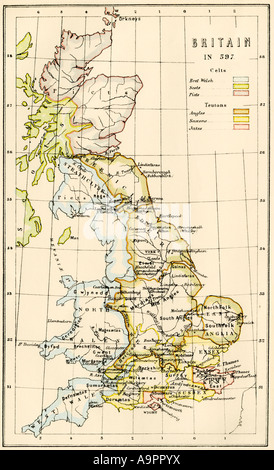 Karte von Territorium, das von den Kelten, Pikten, Angeln, Sachsen und anderen Stämmen in Großbritannien in 597 AD gesteuert. Farblithographie Stockfoto