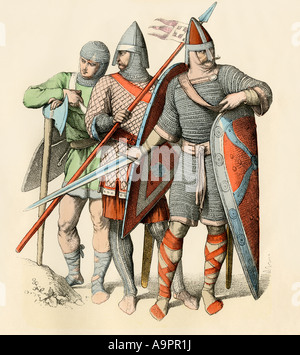 Ritter in Rüstung für den Kampf der Zeit der normannischen Invasion von England 1066 vorbereitet. Hand-farbig drucken Stockfoto