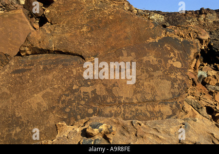 Rock-Gravur von San Leute oder Buschmänner Twfelfontein National Monument Damaraland Namibia Nordafrika gemacht Stockfoto