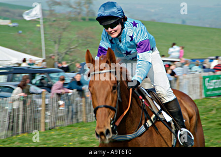 Das Siegerpferd, das in einem Damenrennen an Einem Punkt-zu-Punkt-Meeting auf dem Flete Estate, Devon, ins Ziel gefahren ist. GROSSBRITANNIEN Stockfoto