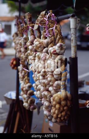 Saiten von Knoblauch und Zwiebeln französischen Markt Stockfoto