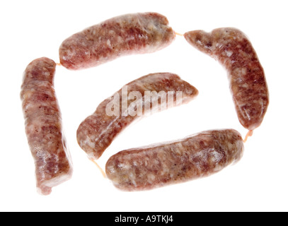 Hausgemachte Links Apfel und Wurstwaren aus Schweinefleisch auf weißem Hintergrund Stockfoto