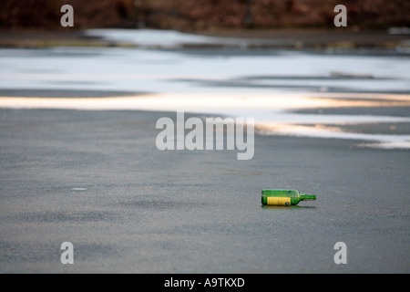 Flasche Portwein am zugefrorenen Teich liegen Stockfoto