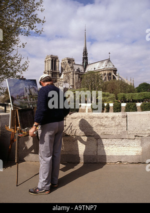 Paris Künstler & Tafelmalerei Kathedrale Notre Dame neben dem Fluss Seine in der Nähe von Bridge Frankreich Europa Stockfoto