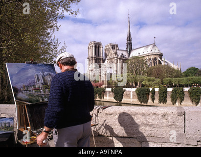 Paris-Künstler Malerei Kathedrale Notre-Dame neben am Ufer von nahe gelegenen Brücke Stockfoto