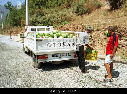 Melonen, gewogen und verkauft von der Ladefläche eines Lastwagens Türkei Stockfoto
