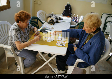 Faule Katze mit Frauen spielen eine Partie Karten, Nizza Frankreich auf einem Tisch ausbreiten. NUR ZUR REDAKTIONELLEN VERWENDUNG Stockfoto