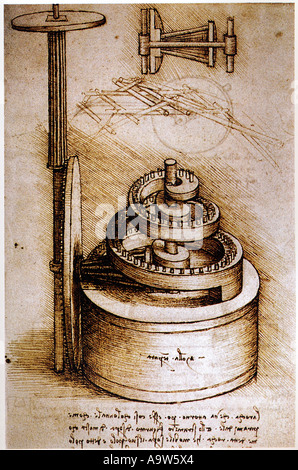 Studie eines Federmechanismus für die Fahrt in einem Zeit-Instrument von Leonardo da Vinci Stockfoto