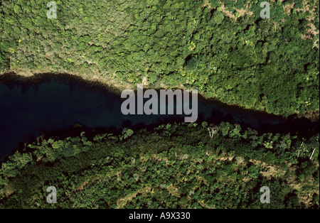 Amazonas, Brasilien. Luftaufnahme von einem tiefblauen Fluss fließt durch den grünen Dschungel. Stockfoto