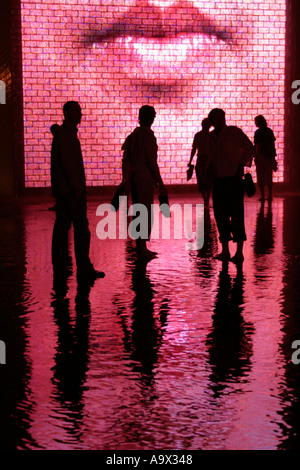 Gesicht auf dem LED-Bildschirm und Spiegelbild im Wasser bei Krone Brunnen Millennium Park Chicago (Illinois) in der Nacht Stockfoto