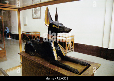 Diese Figur des Anubis bewacht den Treasury-Raum von Tutanchamuns Grab nun auf dem Display im ägyptischen Museum in Kairo, Ägypten Stockfoto