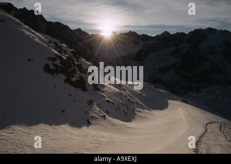 Sonnenaufgang in den Stubaier Alpen, Österreich Stockfoto