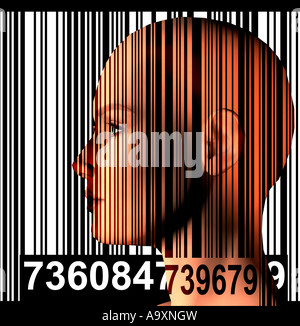 futuristische 3D Computer generierte weibliche Roboter Kopf Barcode Image Compositing Stockfoto